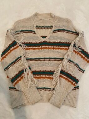 Cato Cream Striped Fringe Sweater with Teal and Rust Accents